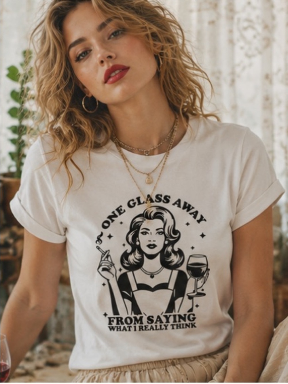 Women's White Graphic Tee - One Glass Away - Picture 3 of 4